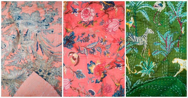 1 Kantha French Toile in Peach. 2 Kantha Garden of Eden in Coral. 3 Kantha Safari Forest in Green.