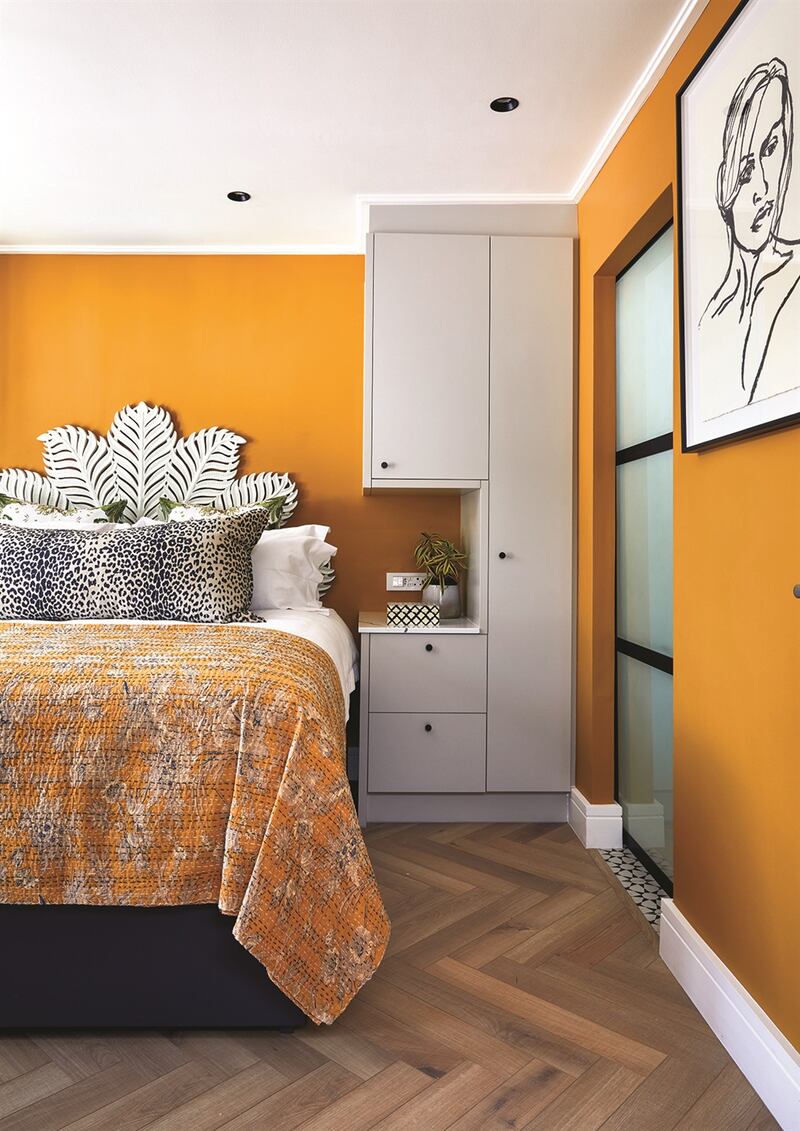 Headboard from Pilgrimage Spaces; quilt from India Ink; cushion fabric from Lula Fabrics. Paint colour: Plascon Golden Syrup. Photo: Greg Cox